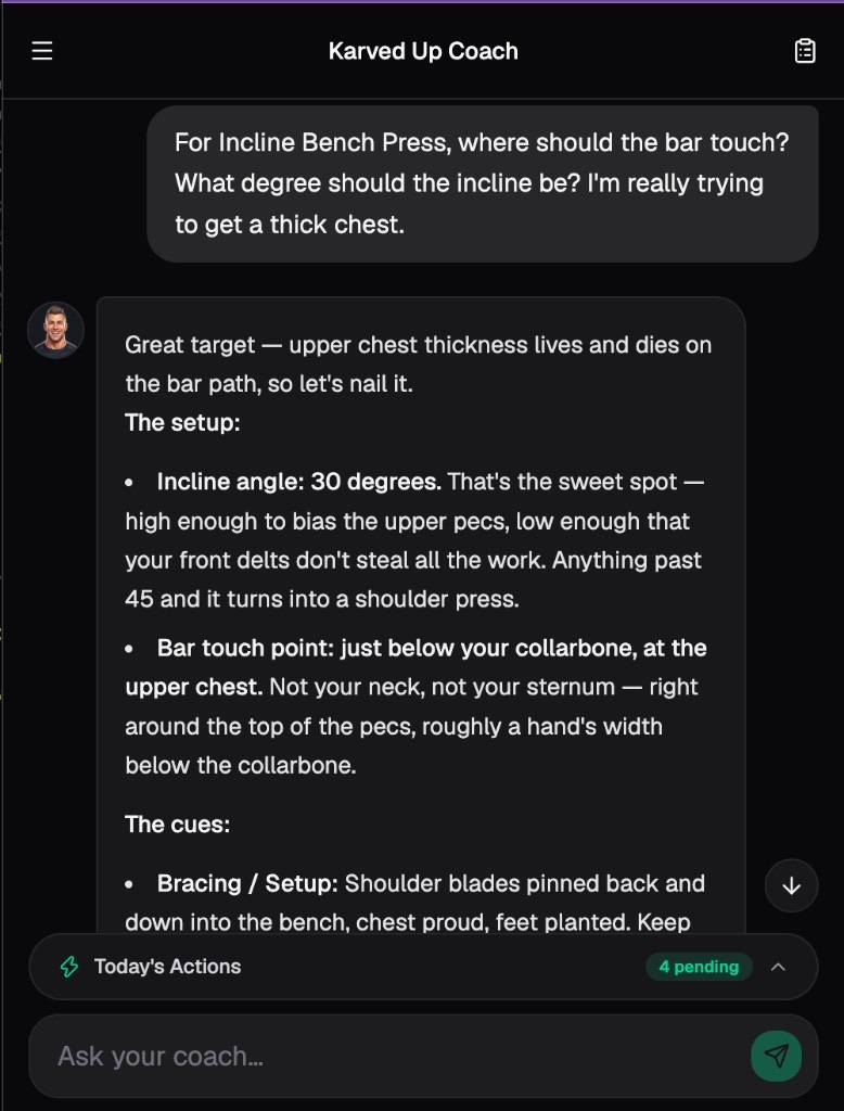 KarvedUp coach chat answering an incline bench form question with Today's Actions pending