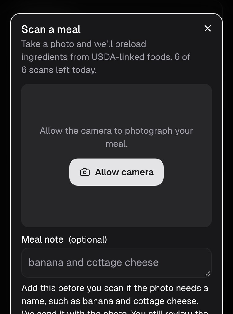 Snap a photo, add a note, and review the foods before you log.