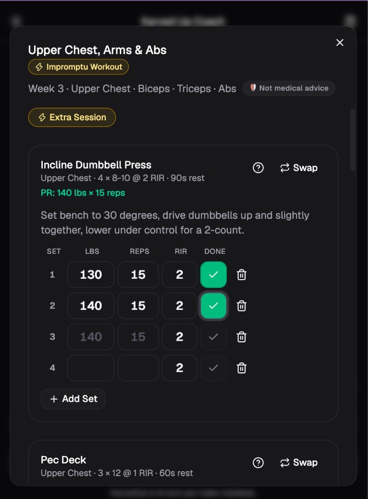 Workout logger for Upper Chest, Arms & Abs with incline dumbbell press sets logged